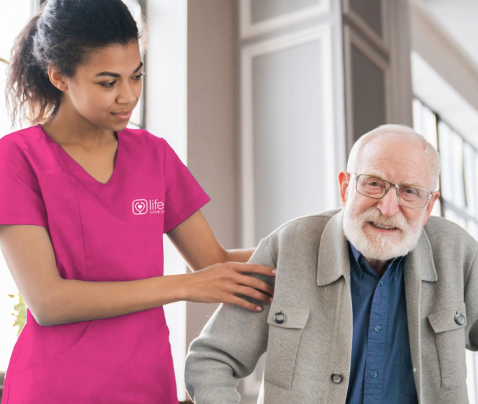 Graphic panel illustrating home care services benefits and support